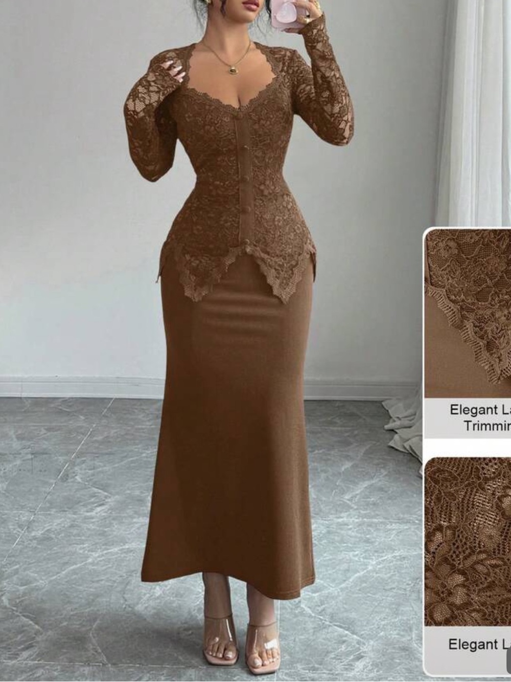 SHEIN Brown Lace-Trim Long Sleeve Maxi Dress